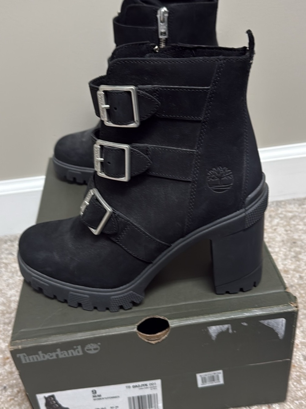 Timberland Black Buckle Heeled Ankle Boots